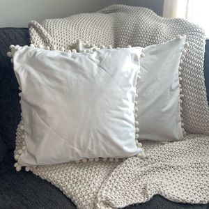 Two Decorative Throw Pillow Covers with Pom-Poms Soft Velvet Cream Colored